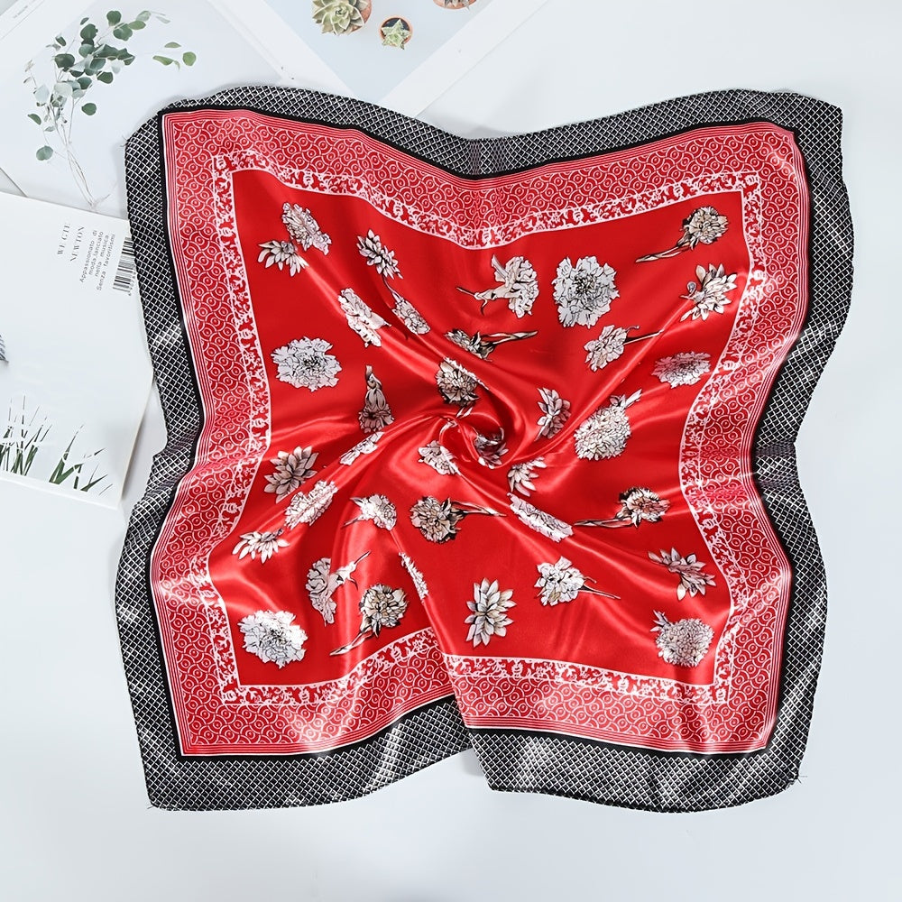Rose Print Square Scarf Satin Neckerchief Vintage Bandana Head Wrap