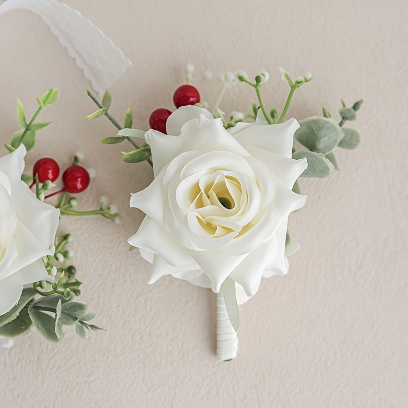 2pcs FANGSEN Artificial Rose Bridal Bouquets Bohemian Style with Lace Ribbon