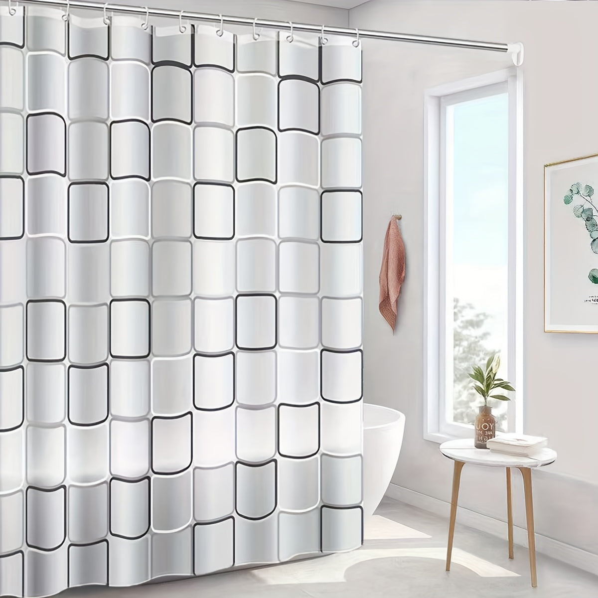 Large Checkered Shower Curtain PEVA Lined Waterproof Lattice Curtain