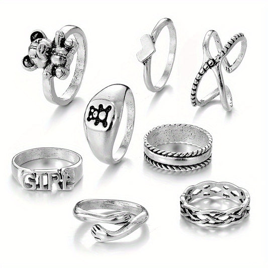 8pcs Punk Style Stacking Rings Teddy Bear Heart Mix Match Daily Outfits Party