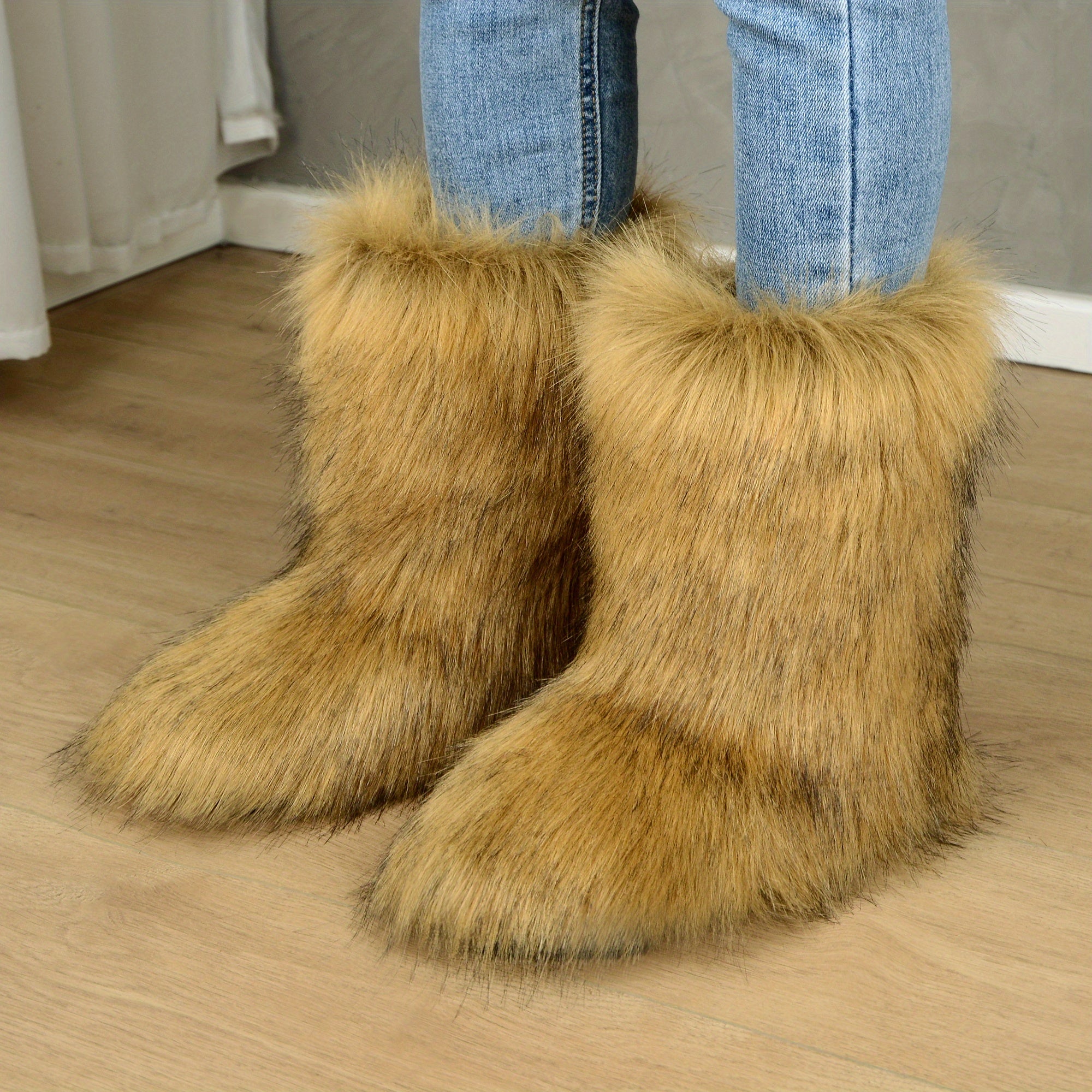 Women's Fluffy Furry Mid Calf Boots Winter Snow Boots