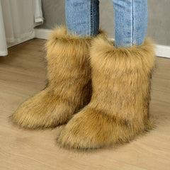 Women's Fluffy Furry Mid Calf Boots Winter Snow Boots