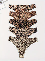 5pcs Leopard Print Thongs Low Waist Intimates Panties