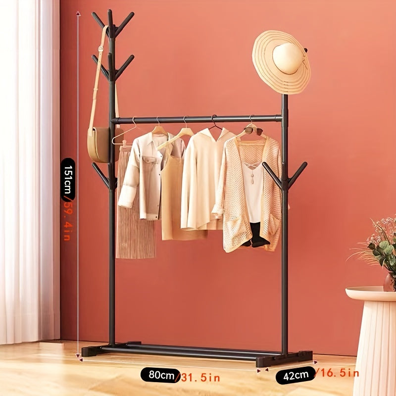 1pc Standing Clothes Rack with Lower Storage and Hooks, Double Bar Drying Rack
