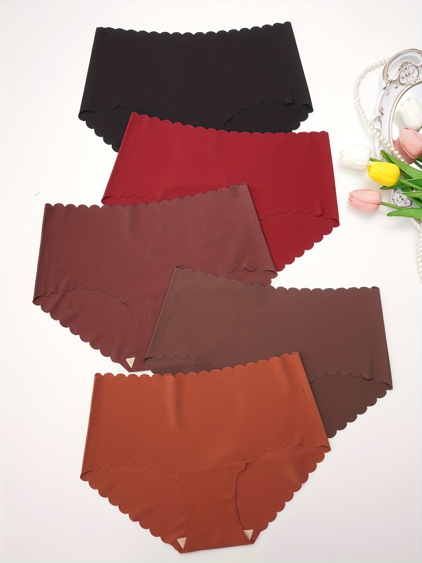 5pcs Seamless Solid Briefs Scallop Trim Intimates Panties Women's Lingerie