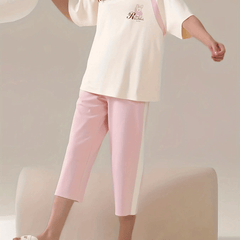 Bunny Print Pajama Set Short Sleeve Crew Neck Top & Crop Pants