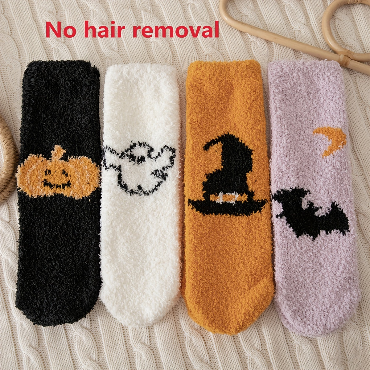 4 Pairs Pumpkin & Bat Print Socks & Funny Halloween Fuzzy Socks