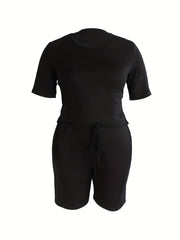 Solid Short Sleeve Round Neck Plus Size Romper