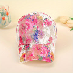 Pink Glitter Flower Baseball Cap Embroidered Sun Hat Adjustable Dad Hat Women