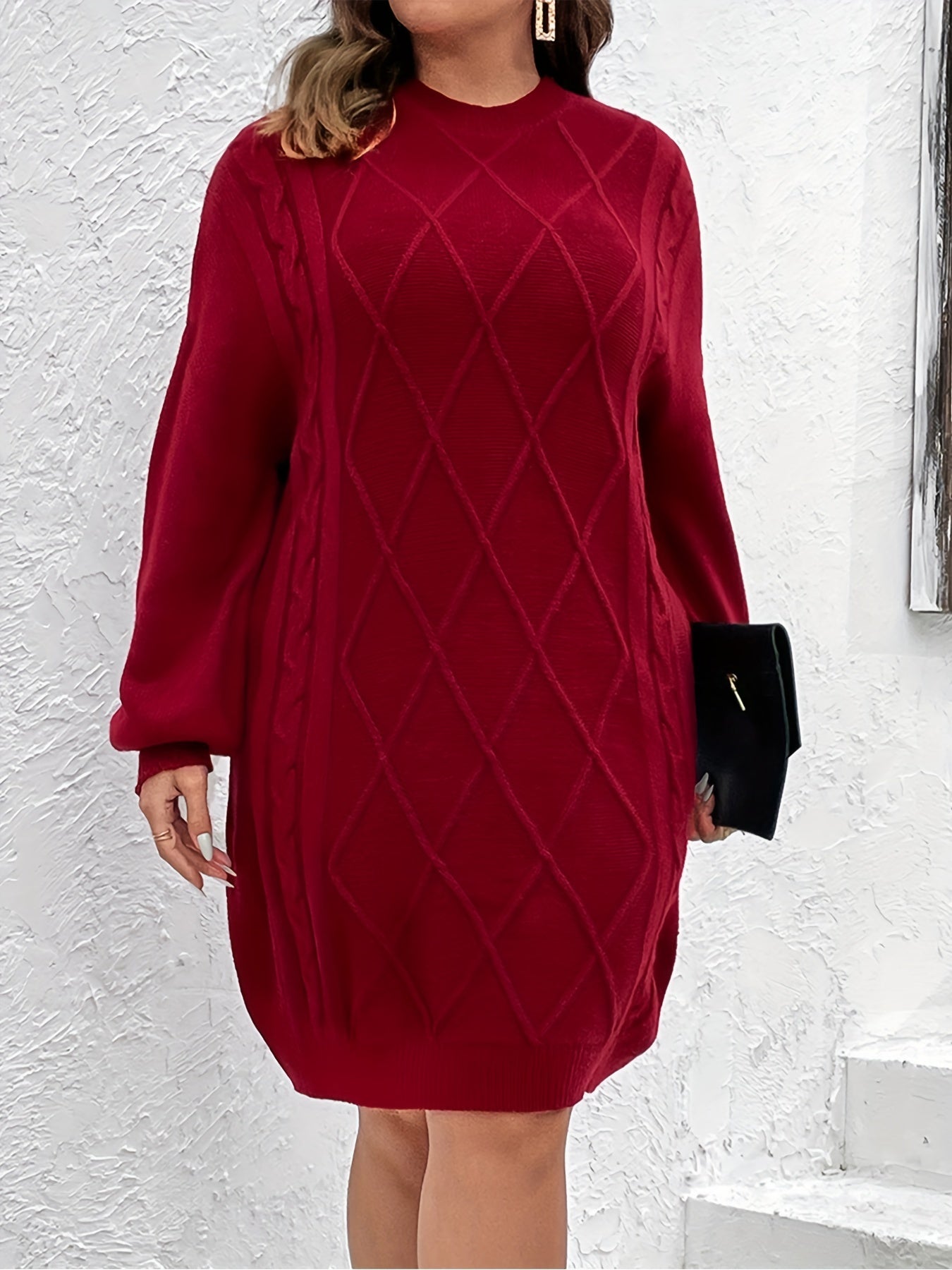 Solid Lantern Sleeve Round Neck Midi Sweater Dress Plus Size