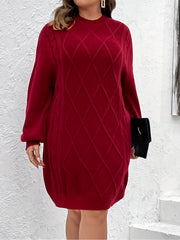 Solid Lantern Sleeve Round Neck Midi Sweater Dress Plus Size