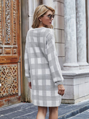 Plus Gingham Print Long Sleeve Round Neck Slight Stretch Dress