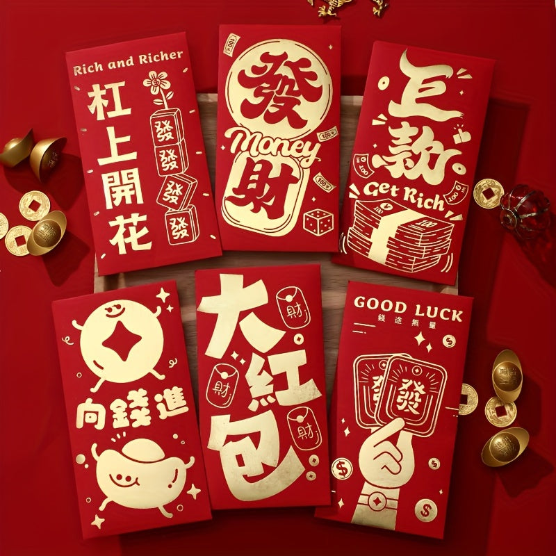 6pcs Cartoon Golden Red Envelopes Year Of The Dragon Lucky Money Bags
