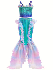 Girls Mermaid Set Cami Top & Fishtail Skirt Fish Scale Print Beach Party Costume