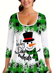 Women's Plus Size Christmas Outfit Set - Gingham & Snowman Print Top