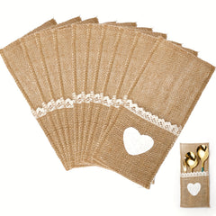 10pcs Burlap Lace Utensil Holders for Vintage Wedding