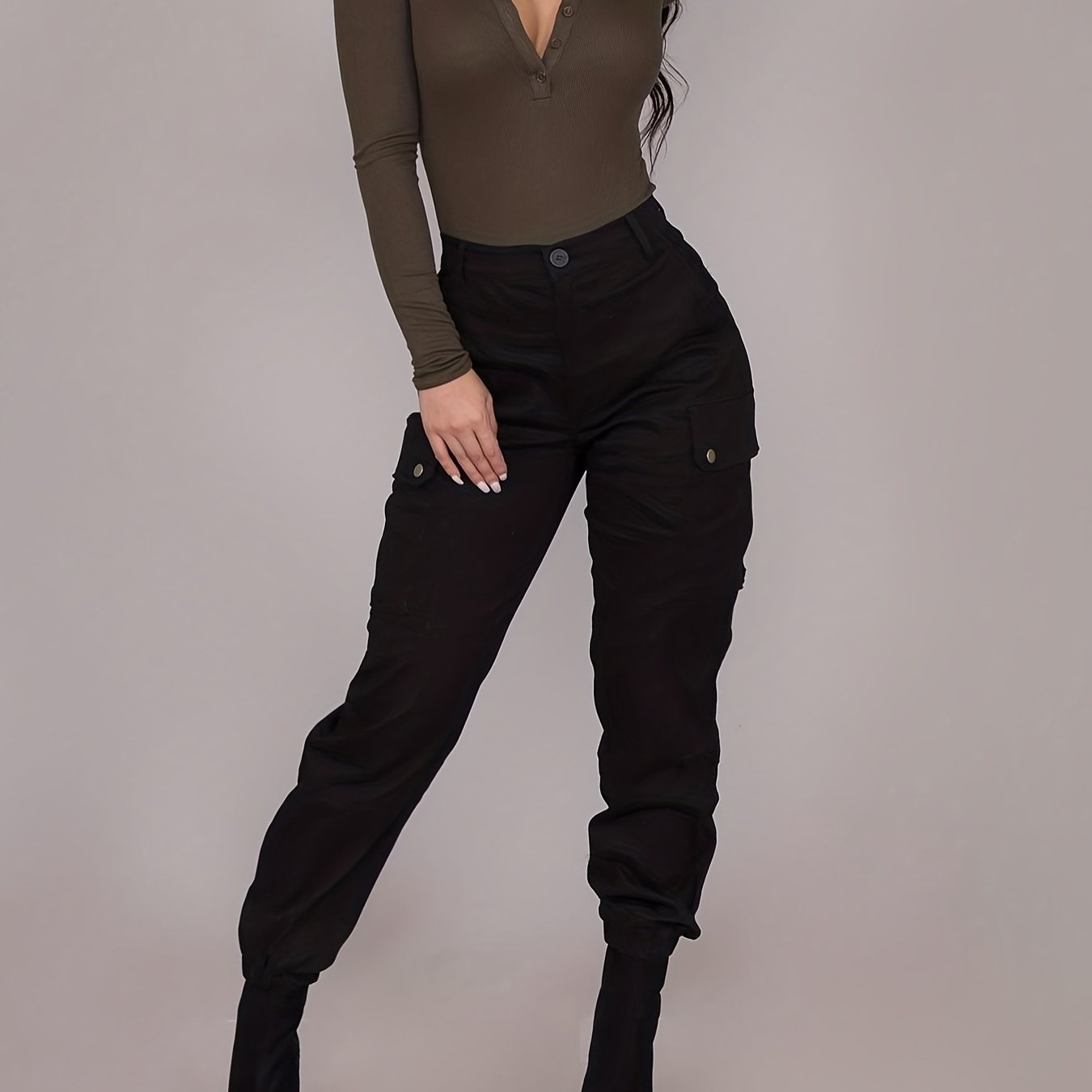 Dual Pockets Cargo Pants Casual Button Front Pants Spring/Fall Women's Clothing