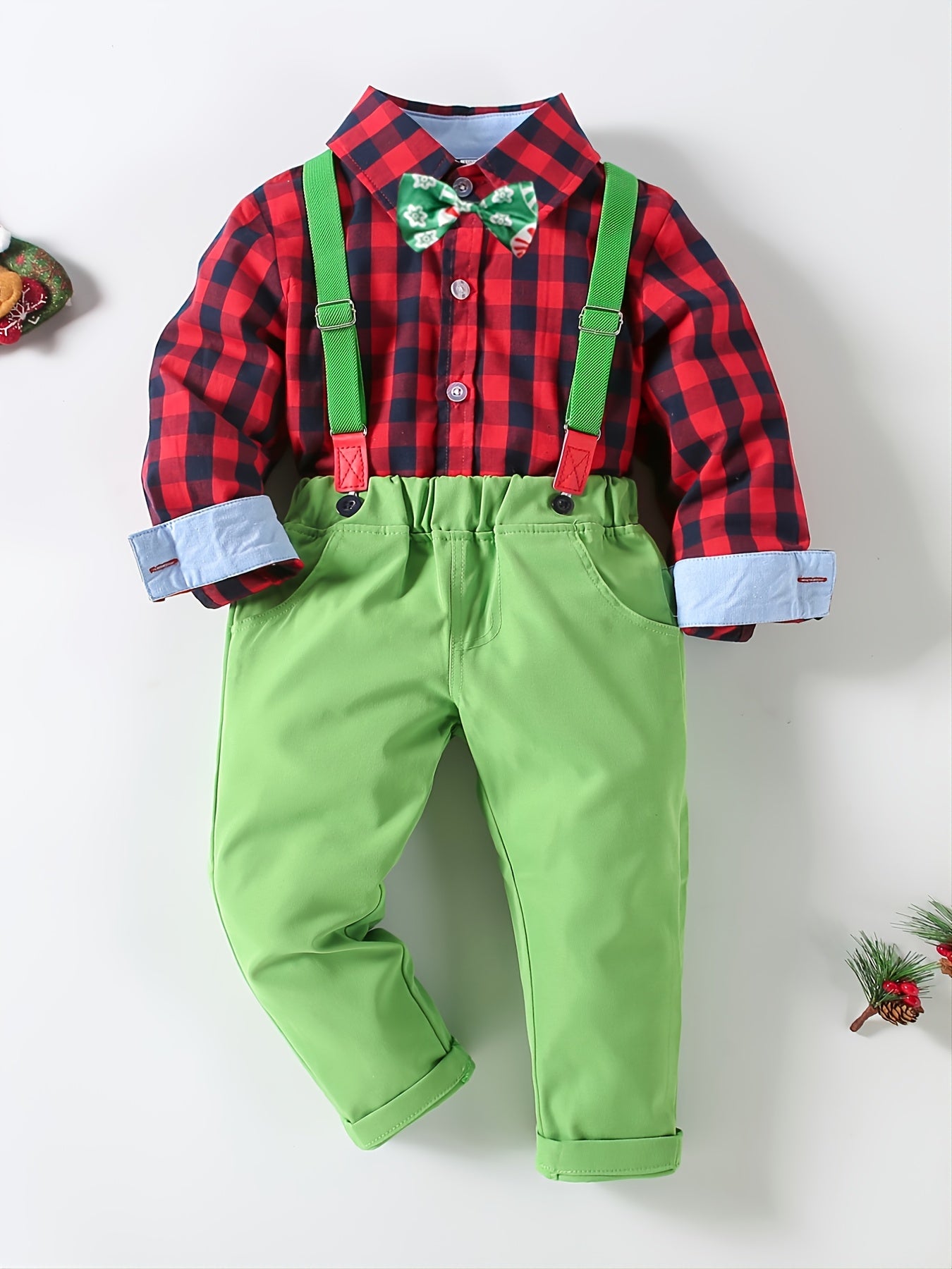 3pcs Toddler Boys Plaid Shirts & Solid Overalls Sets with Bow Tie
