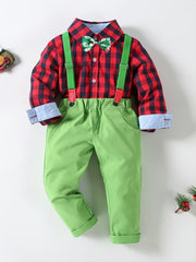 3pcs Toddler Boys Plaid Shirts & Solid Overalls Sets with Bow Tie