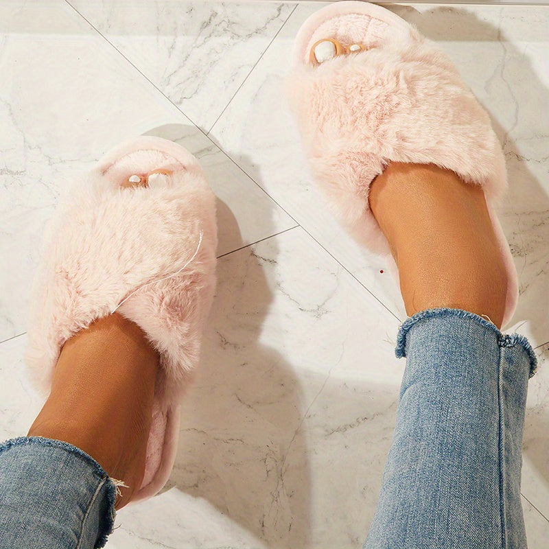 Women's Fluffy Furry Slippers Crisscross Strap Peep Toe Fuzzy Shoes