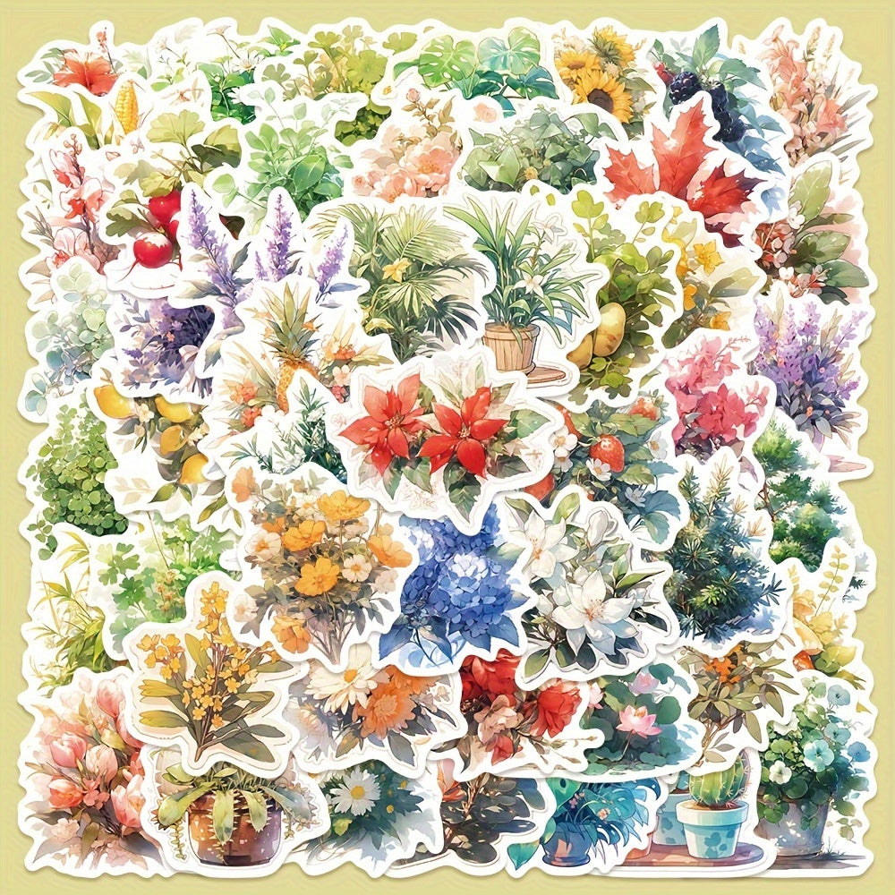 50pcs Watercolor Style Plant Series Stickers for Laptop Helmets, Water Cup