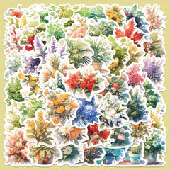 50pcs Watercolor Style Plant Series Stickers for Laptop Helmets, Water Cup