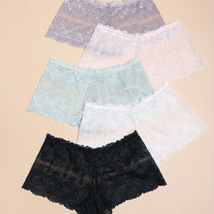 Floral Lace Mesh Boyshort Panties Romantic Semi-sheer Women's Lingerie