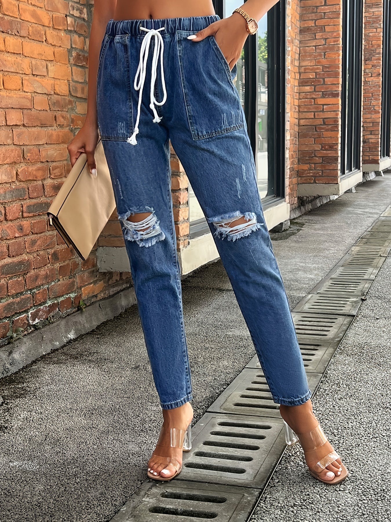 Elastic Band Distressed Denim Jeans Slim Fit Solid