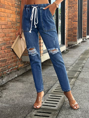 Elastic Band Distressed Denim Jeans Slim Fit Solid