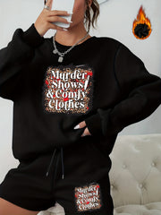Halloween 2pcs Set Women's Plus Letter Print Sweatshirt & Shorts