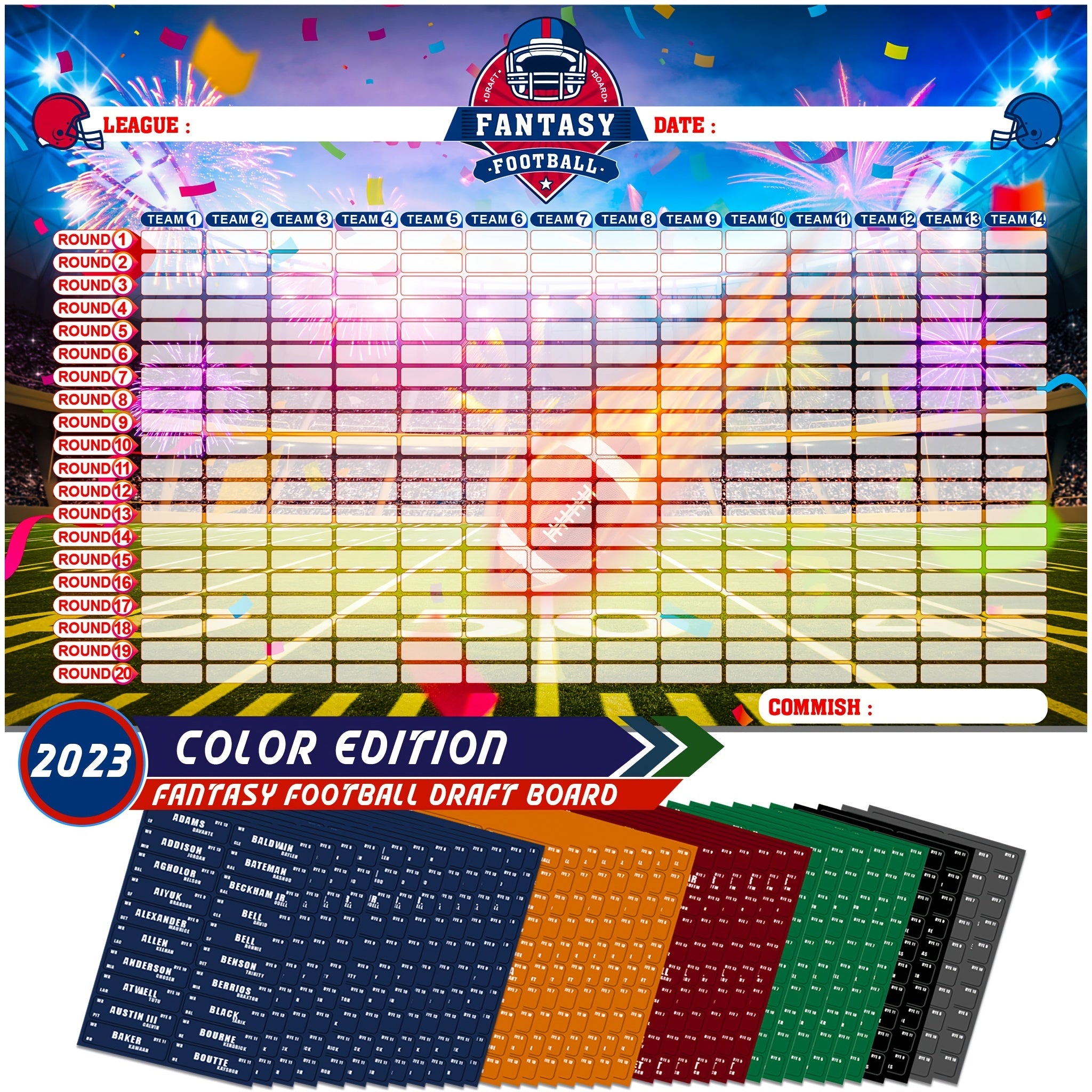 Fantasy Football Draft Board Kit 637 Player Stickers 14 Teams 20 Rounds