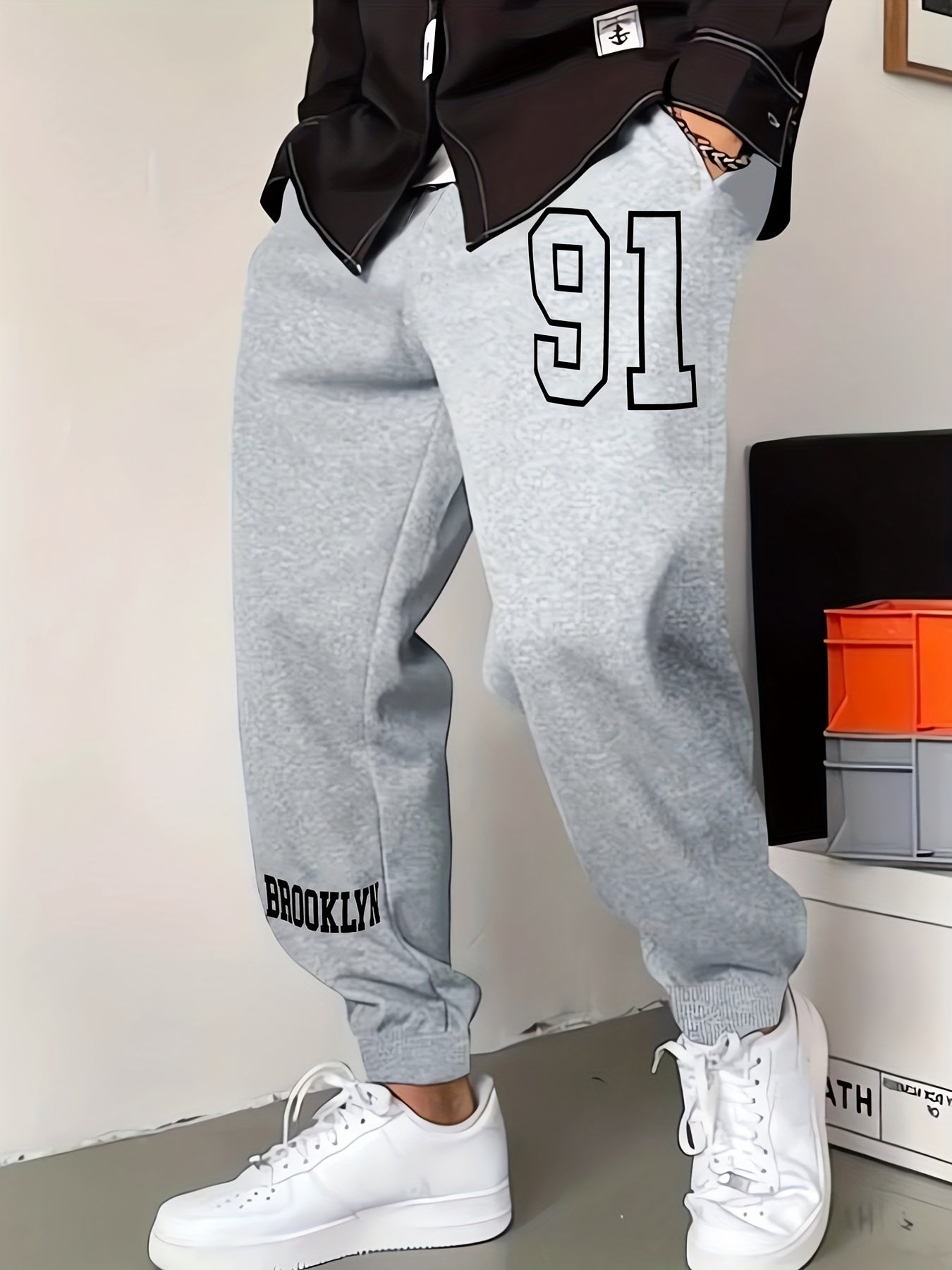 91 Number Print Drawstring Sweatpants Loose Fit Pants