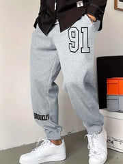 91 Number Print Drawstring Sweatpants Loose Fit Pants