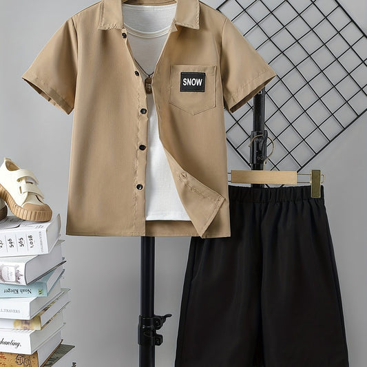 Boys Casual Letter Print Shirt & Shorts Set, Summer Kids Outfit