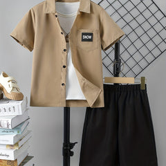 Boys Casual Letter Print Shirt & Shorts Set, Summer Kids Outfit