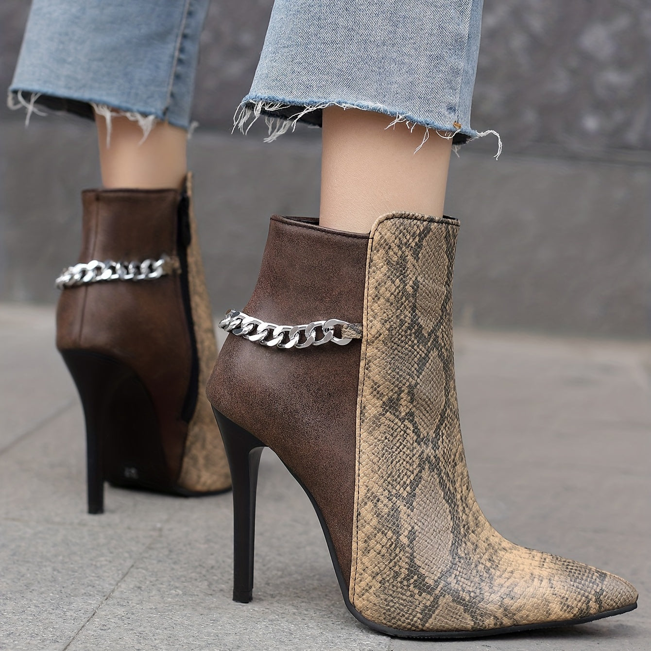 Women's Snakeskin Stiletto Boots Metal Chain Decor Short Boots