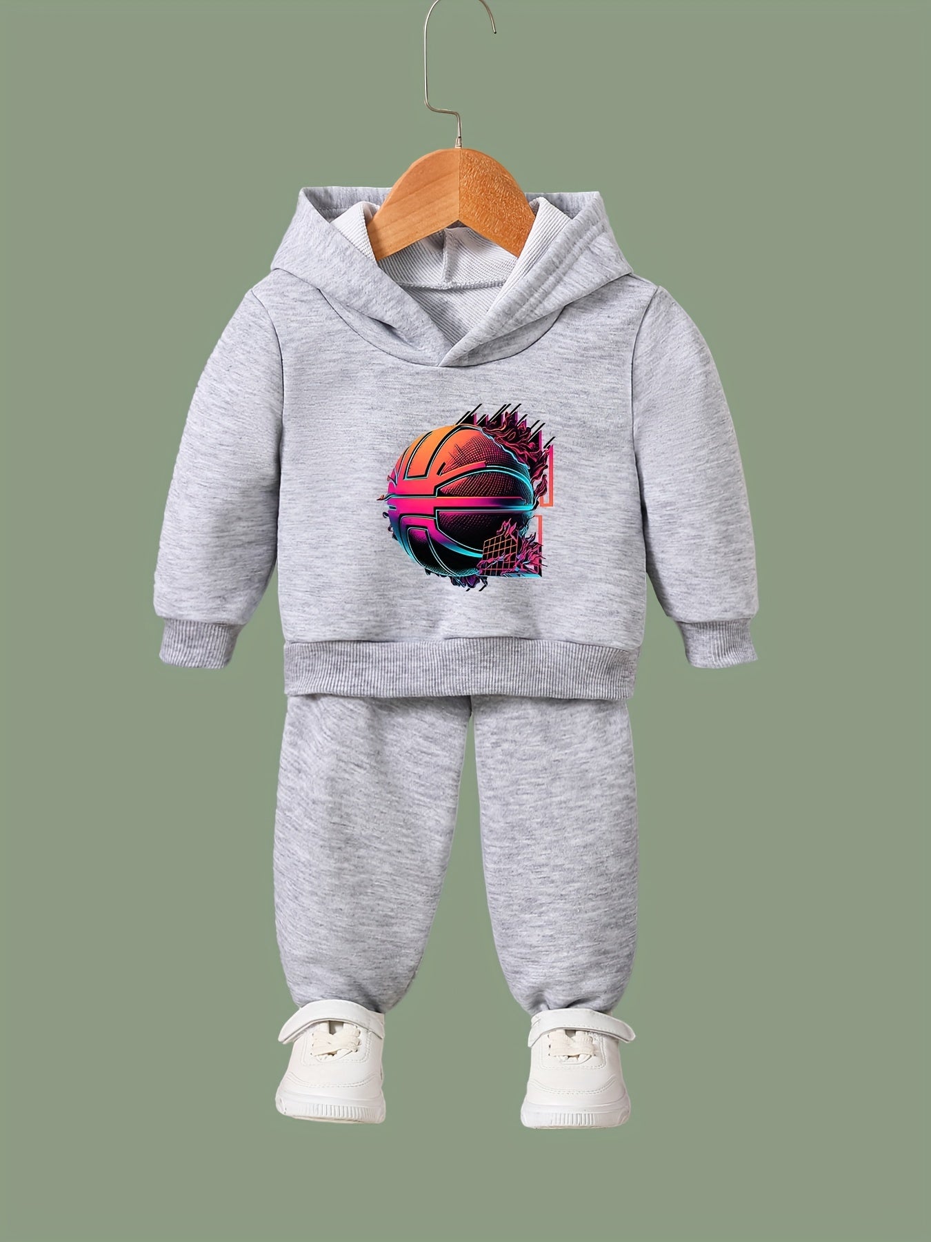 2pcs Basketball Print Outfits Girls Hoodies Jogger Pants Set For Girls Sports