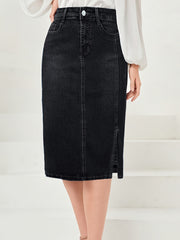 Solid High Rise Midi Denim Skirt
