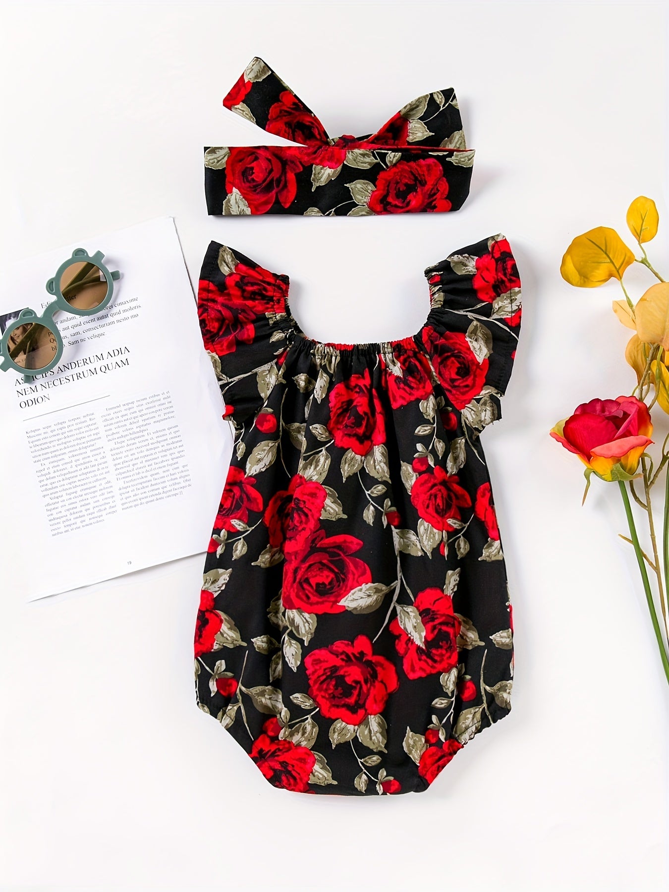 2pcs Baby Girls Floral Print Onesie & Headband Set