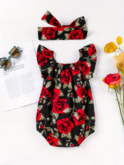 2pcs Baby Girls Floral Print Onesie & Headband Set