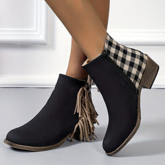 Women's Plaid Ankle Boots Tassel Round Toe Side Zipper Low Heel Short Boots