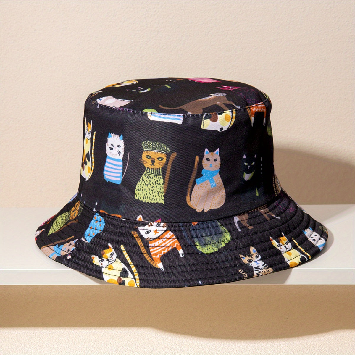 Cat Print Reversible Basin Hat Unisex Fisherman Cap