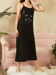 Cat Print Nightdress Crew Neck Spaghetti Strap Sleep Dress