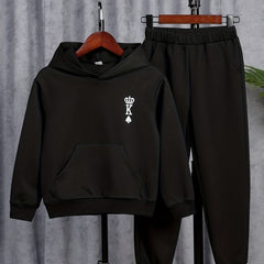 Poker K Pattern Boy's 2pcs Hoodie & Solid Sweatpants Set