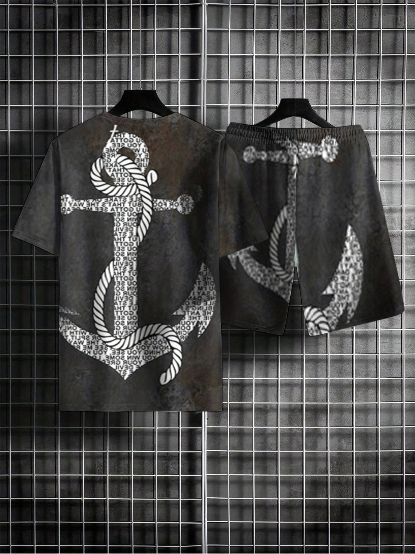 Retro Anchor Print Men's 2Pcs Outfits Crew Neck T shirt And Drawstring Shorts