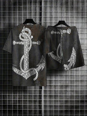 Retro Anchor Print Men's 2Pcs Outfits Crew Neck T shirt And Drawstring Shorts