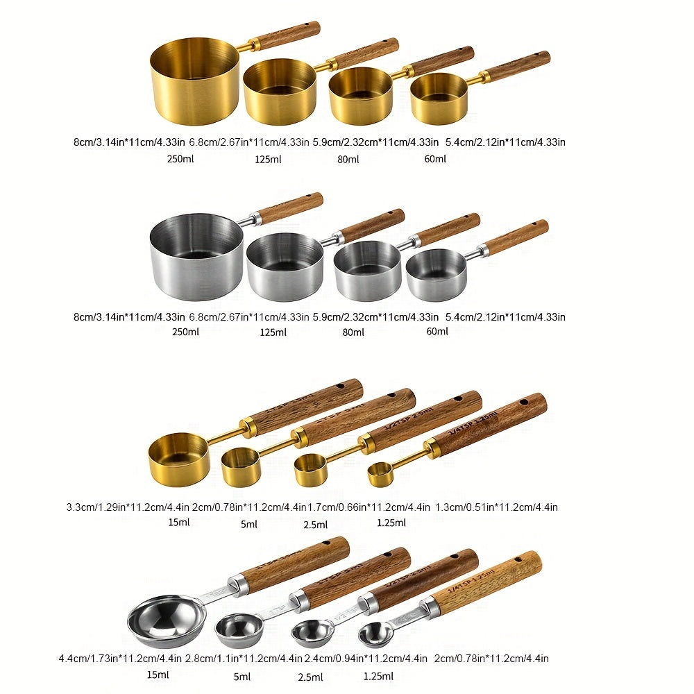 8pcs Measuring Cups & Spoons Set Stainless Steel Wooden Handle