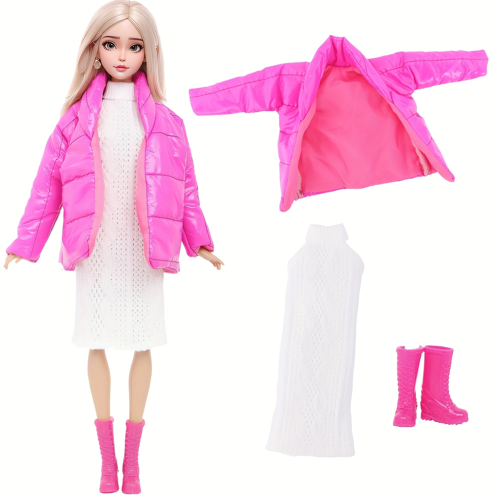 3pcs Doll Clothes Winter Coat Knitted Dress Skirt Boots High Heels No Dolls