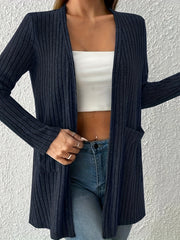 Women's Ribbed Long Sleeve Cardigan With Pockets