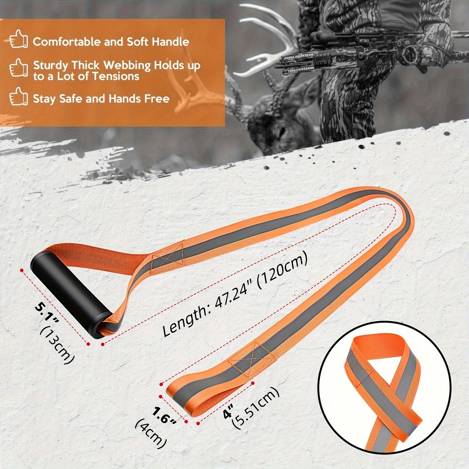 Heavy Duty Deer Drag Strap w/ Reflective Bands, Orange & Green